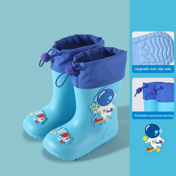 Hpapadks Rain Boots for Boys Non Comfortable Outdoor Play Shoes Cartoon Printed Mid Top Cute Water Shoes Kids Waterproof Boots Blue