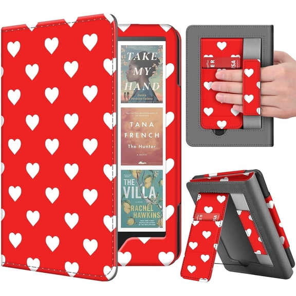 TNP Stand Case for Kindle Paperwhite 12th Generation 2024 / Kindle Colorsoft Signature Edition with Hand Strap & Card Slot - 7" PU Leather Protective Folio Cover with Auto Wake/Sleep, White Love
