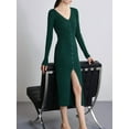 thumbnail image 6 of Women'S V-Neck Front Slit Rib Button Down Sweater Dress Dark Green M, 6 of 7