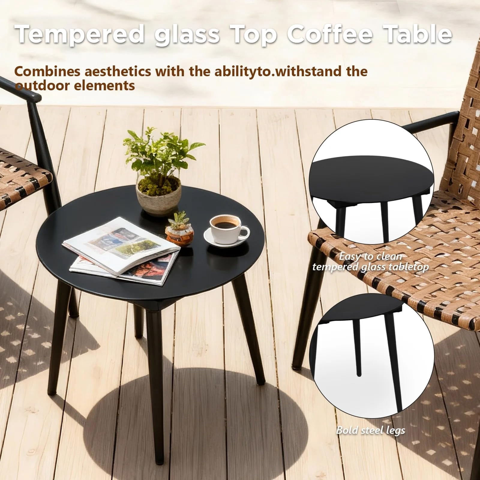 Tappio 3 Piece Outdoor Wicker Bistro Furniture Set, PE Rattan Chairs Porch Furniture Set with Glass Table for Yard Garden Balcony
