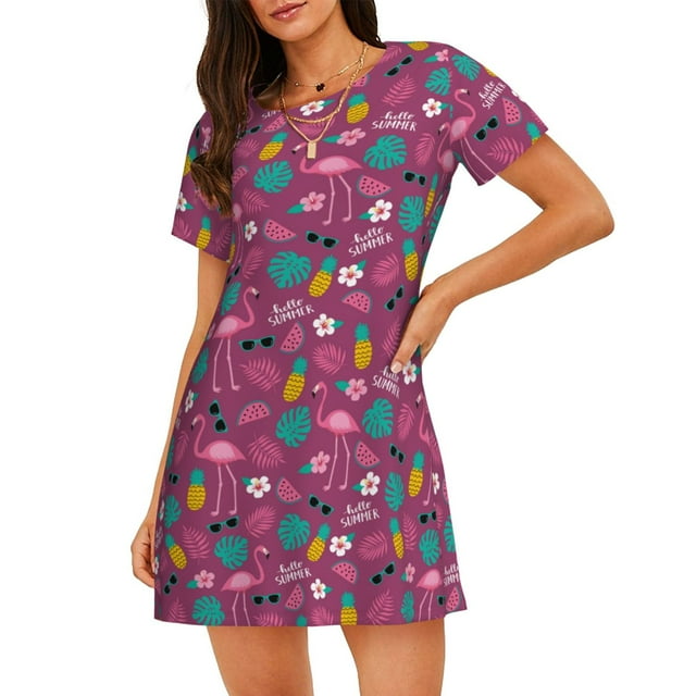 Xecao Chemise de Nuit Ample d'Été pour Femmes Flamant Rose Manches Courtes Décontractée Imprimée