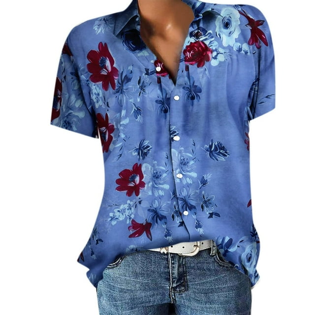 Mefallenssiah Été pour les Femmes, Manches Courtes Femmes Col Revers avec Bouton Imprimé Fleurs tops