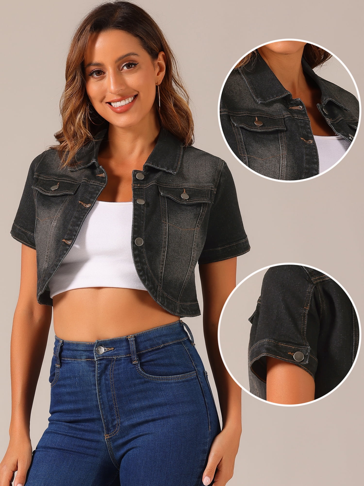 DARING DIVA Women's Summer Short Sleeves Crop Denim Jackets XL Black
