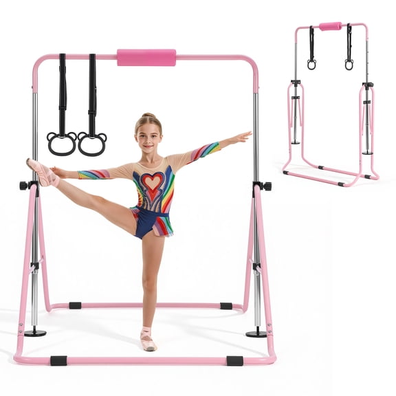 KFFKFF Gymnastic Bars for Kids, 140 lbs Capacity Folding Training Kip Bar, Adjustable Height Horizontal Bar for Home Use, Indoor and Outdoor Training Equipment, Easy Assembly, Pink