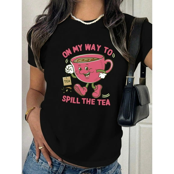 Pink Spill The Tea T-Shirt for Women, Cute Cartoon Tea Cup Graphic Tee, Soft Comfort Tops，Crew neck，Funny，cotton，black，S-5XL