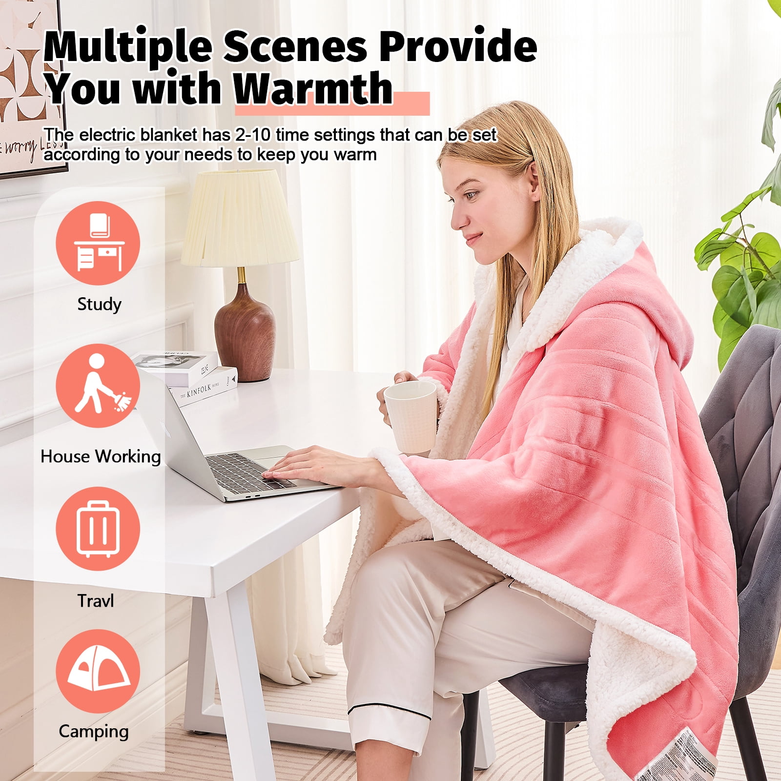 PMONPA Wearable Heated Throw Blanket for Adult, Electric Heated Wrap Poncho Shawl with Pockets, 6 Heating Levels & 2 to 10 Hours Time Settings, 51" x 61", Pink