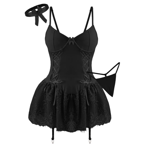 Ausing Lingerie Sets for Women Lace Up Babydoll Garter Belt Bow Tie Corset Bodysuit Ruffle Mini Dress with Panty Chemise Boudoir Nighty Black M