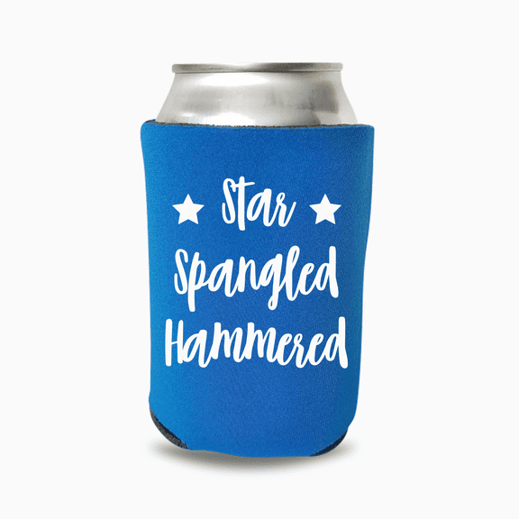 Funny Patriotic Can Coolers, Star Spangled Hammered, 4th of July, Memorial Day, Summer Coolies, USA Party Gift, Beer Sleeves (Blue)