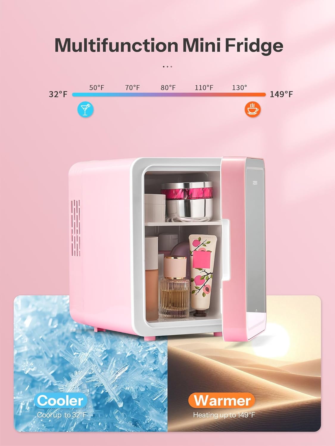 Skincare Fridge,  Beauty Fridge with LED Mirror, 4L Portable Small Refrigerator for Bedroom, Car, Office & Dorm, Cooler & Warmer (Pink)