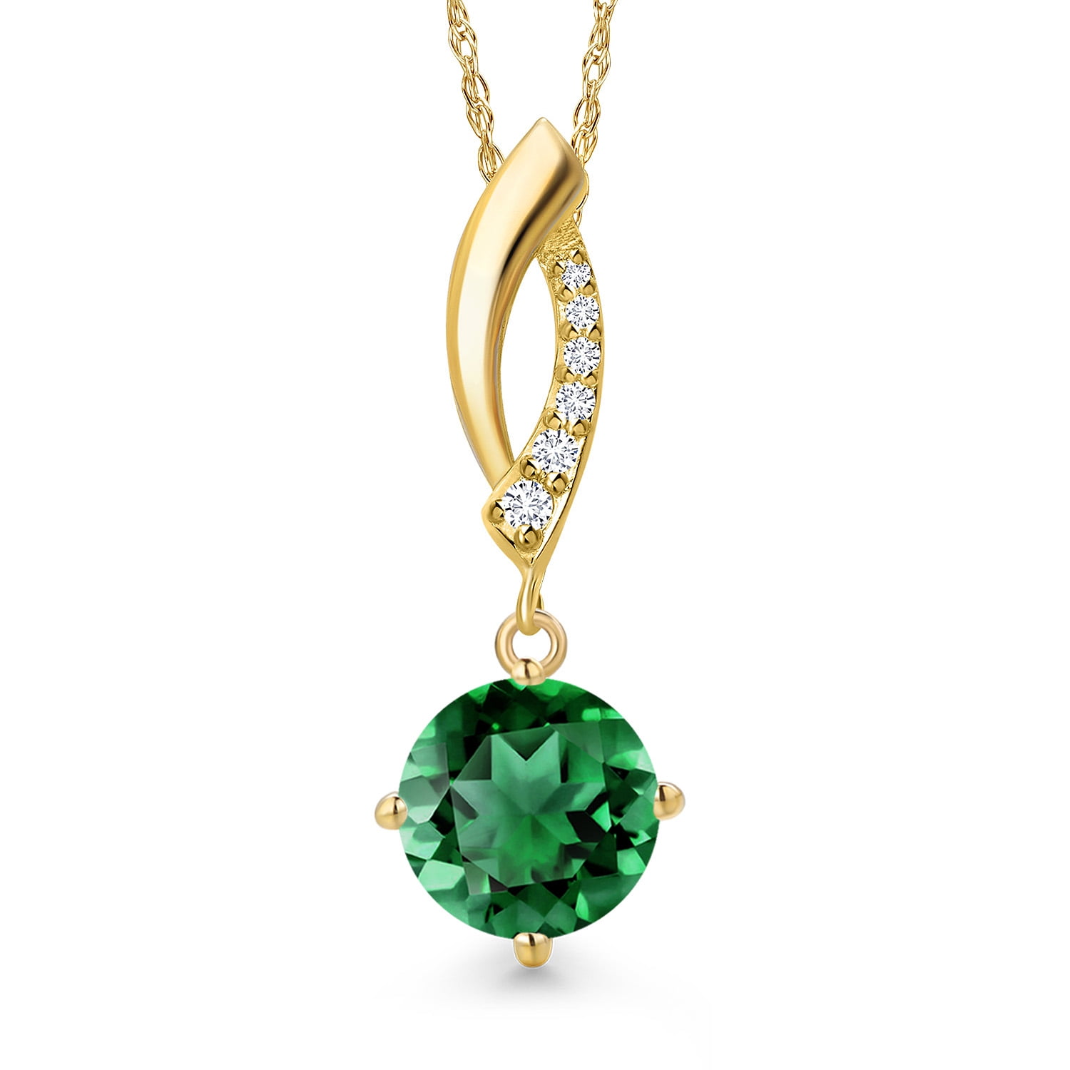 Gem Stone King 14K Yellow Gold Green Nano Emerald and Lab Grown Diamond Pendant Necklace for Women | 1.68 Cttw | Gemstone May Birthstone | Round 8MM | With 18 inch Chain