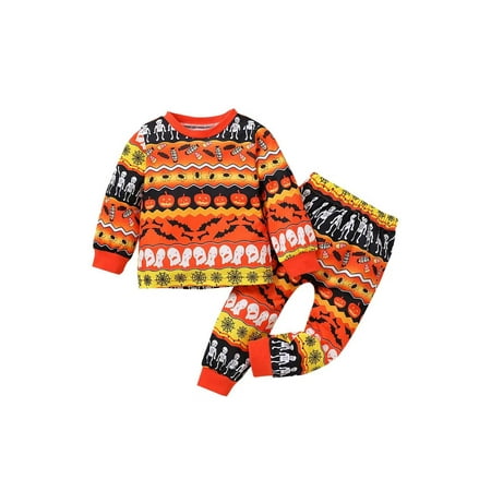 

EYIIYE Toddler Baby Girl Boy Halloween Pumpkin Candy Print Crew Neck Long Sleeve Pullover Tops + Casual Pants Set 1-6 Years