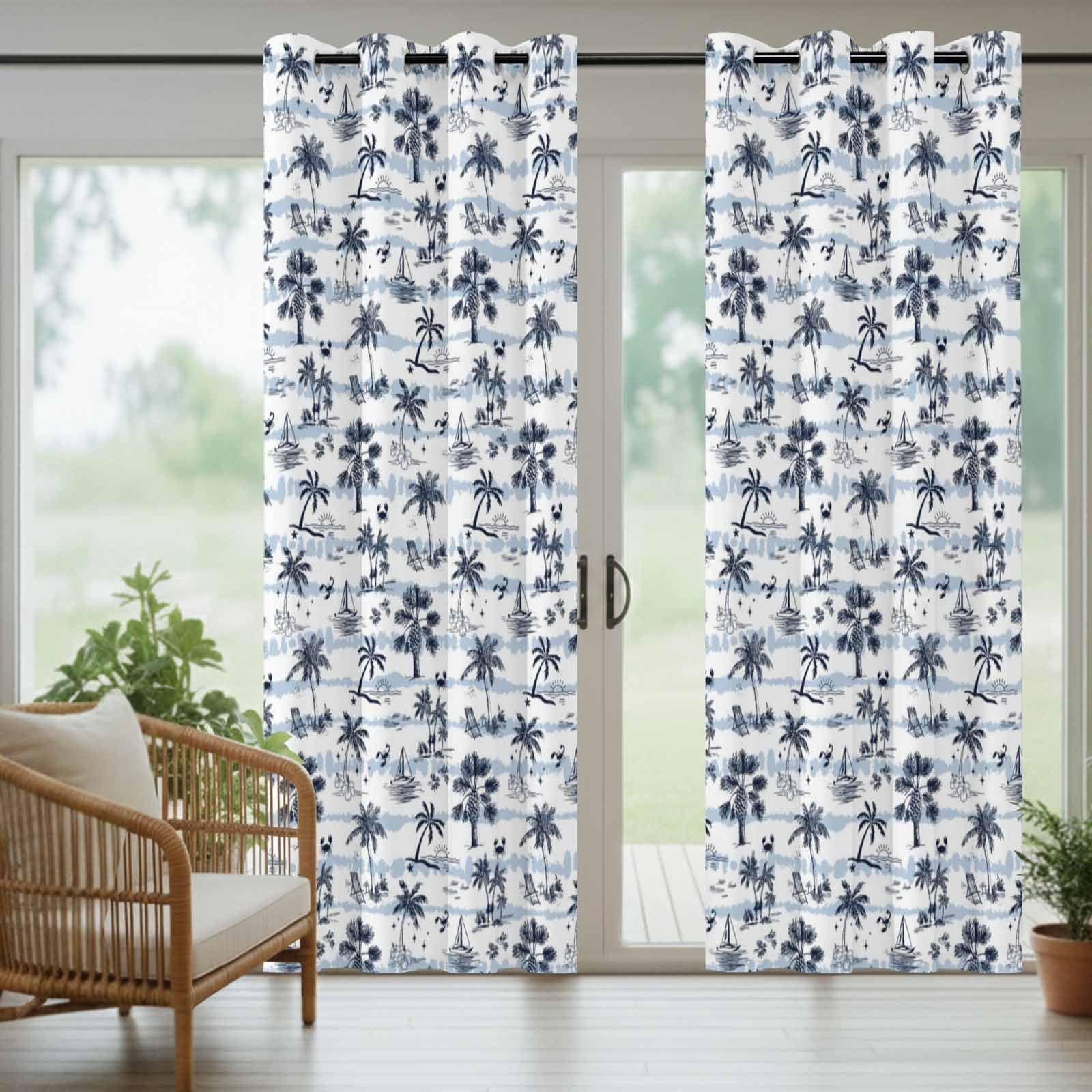 Tropical Plant Outdoor Curtains for Patio, Summer Coconut Tree Sailboat Sunset Blue Stripes Sunshade Privacy Drapes Grommet Waterproof Outside Curtains for Porch/Cabana/Balcony 54"x 108", 1 Panel