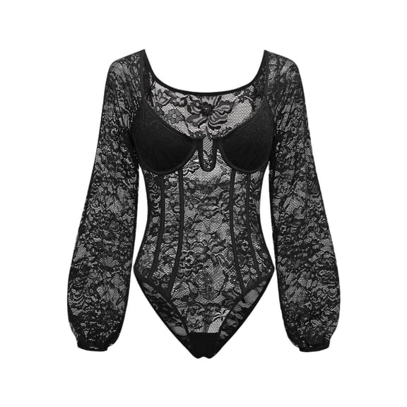 Women's Sheer Floral Lace Long Sleeve Bodysuit Tops Sweetheart Neck Jumpsuit