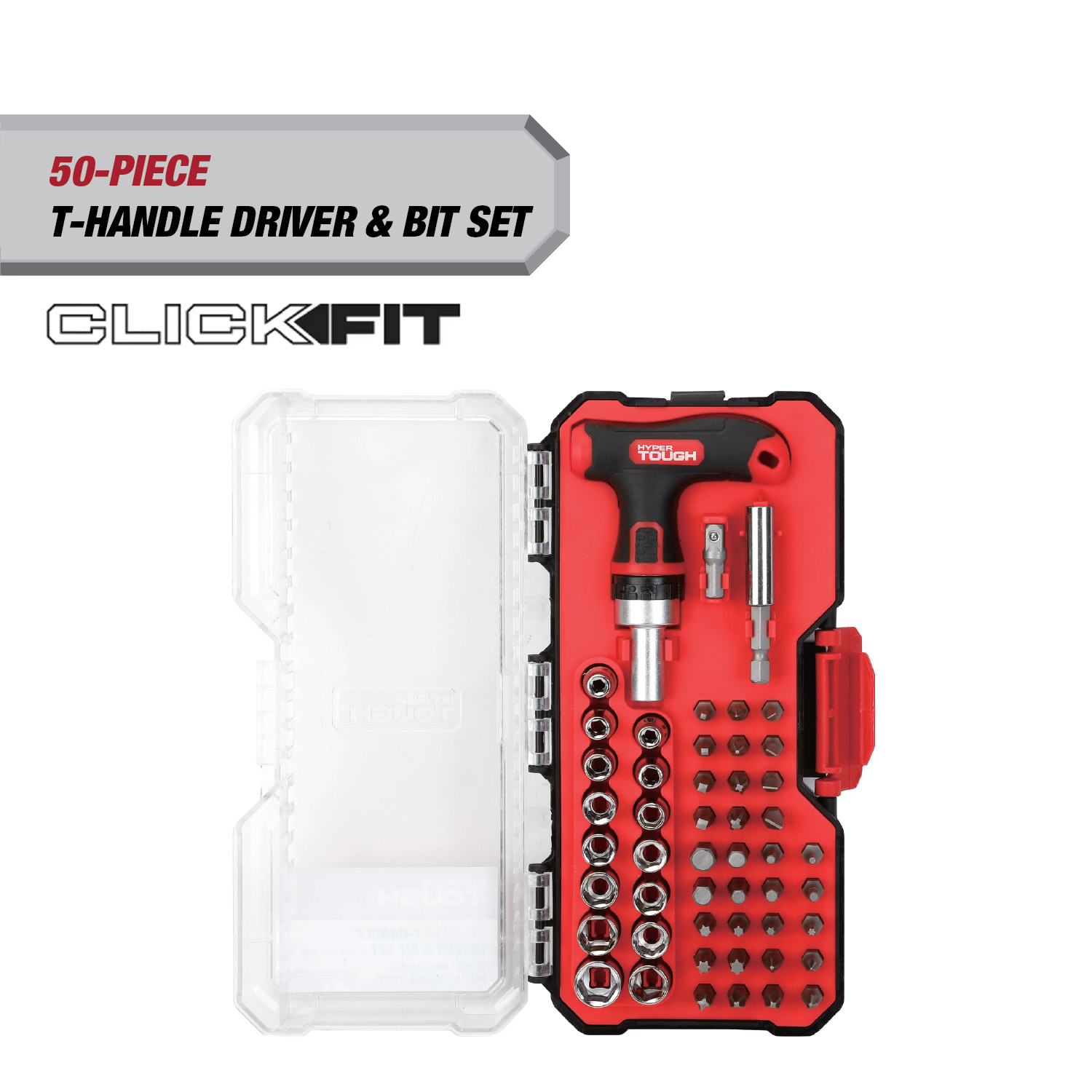 Hyper Tough 50-Piece T-Handle Driver with Bits and Sockets in Click Fit Case