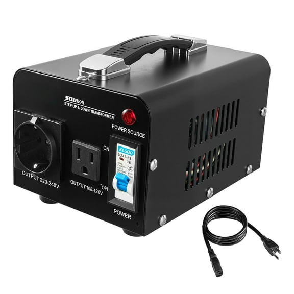 KFFKFF Voltage Converter Transformer, 500VA, Durable Step Up/Down Power Transformer, Switch Between 110V and 220V, Includes US and EU Outlets, Power Cord, and Circuit Breaker Protection