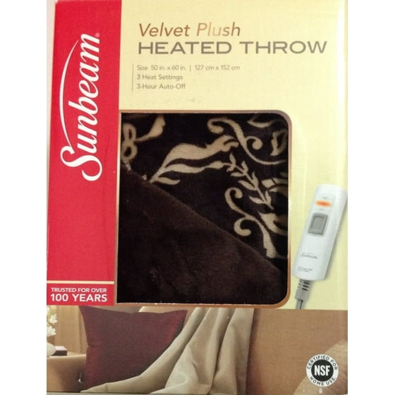 Sunbeam Electric Heated Throw Blanket Velvet Plush Washable with 3Heat