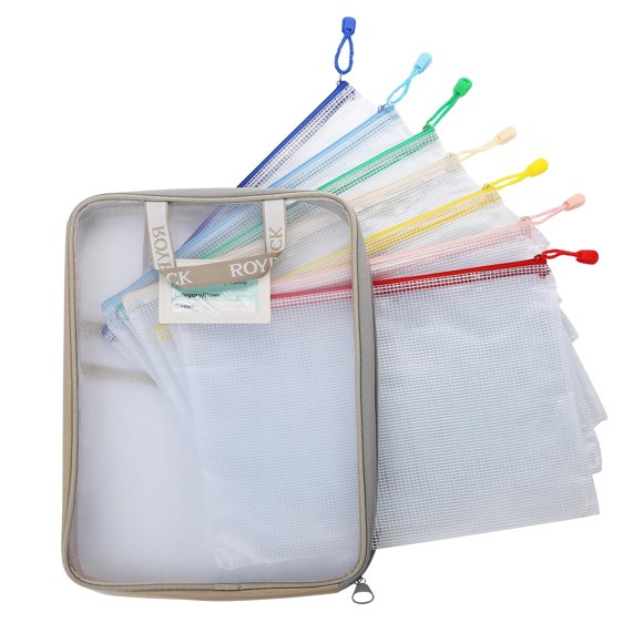 Bolsa de malla con cremallera ROYPACK, paquete de 7 bolsas impermeables para archivos de tamaño A4
