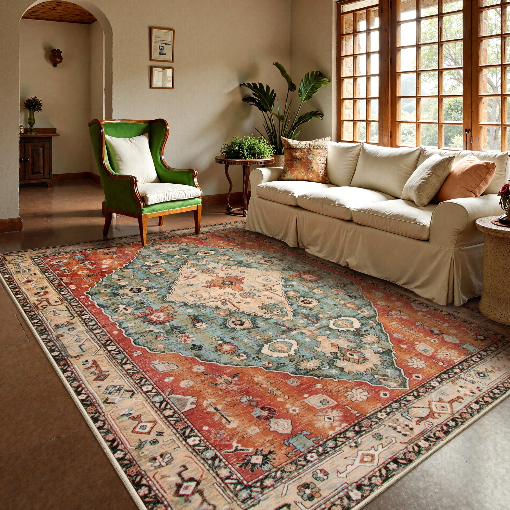 Moynesa 8'x10' Boho Tribal Area Rug,8x10ft Large Washable Bedroom Rug, Soft Non Slip Non-Shedding Kitchen Mat Indoor Office Carpet for Living Room Dining Room Red