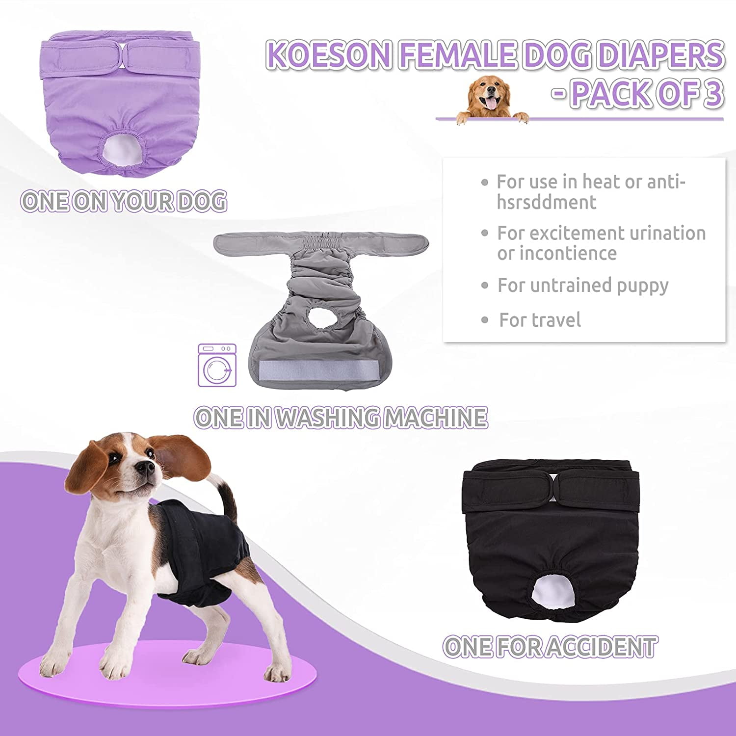 Washable Female Dog Diapers 3 Pack Reusable Leakproof Doggie Diaper Warps High Absorbent Puppy Nappies Adjustable Pet Panties for Small Medium