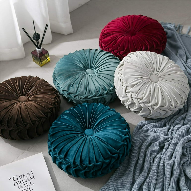 Neutral Velvet Pleated Round Pillow