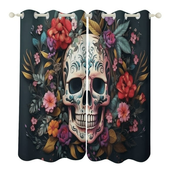 Halloween Colored Skull Curtains Watercolor Theme Window Curtains Grommet Blackout Drapes for Living Room Bedroom