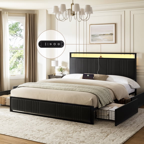 GUNAITO Queen Bed Frame with Headboard, Platform Bed with 4 Drawers, Velvet Upholstered Bed Frame with LED Lights & Charging station, Black