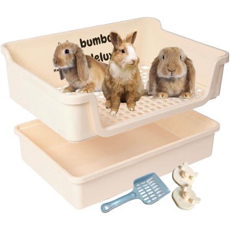 Bumbox Deluxe Rabbit Litter Box, Extra Large 21.45" Training Cage with Toilet Tray for Small Animals, Cream