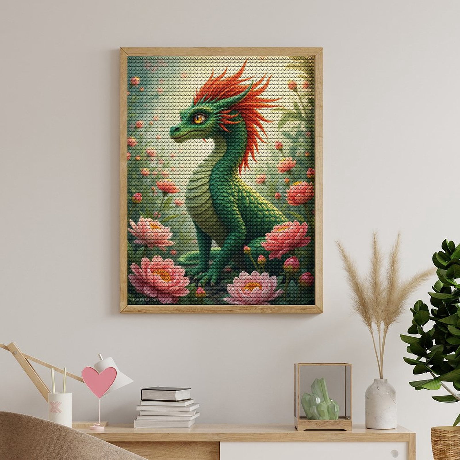 Diamond Art Kits for Adults, Green Scaled Dragon In Flower Garden 5D Diamond Painting Kits for Adults Beginners, DIY Full Drill Diamond Painting, Gem Art and Crafts 12x16