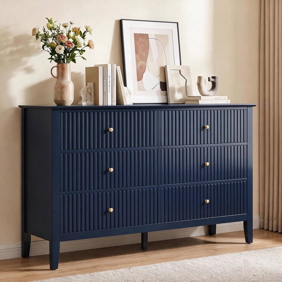 6 Drawer Dresser, Fluted Modern Wood Chest of Drawers, Long Dresser for Bedroom TV Stand Storage Cabinet for Living Room, Blue