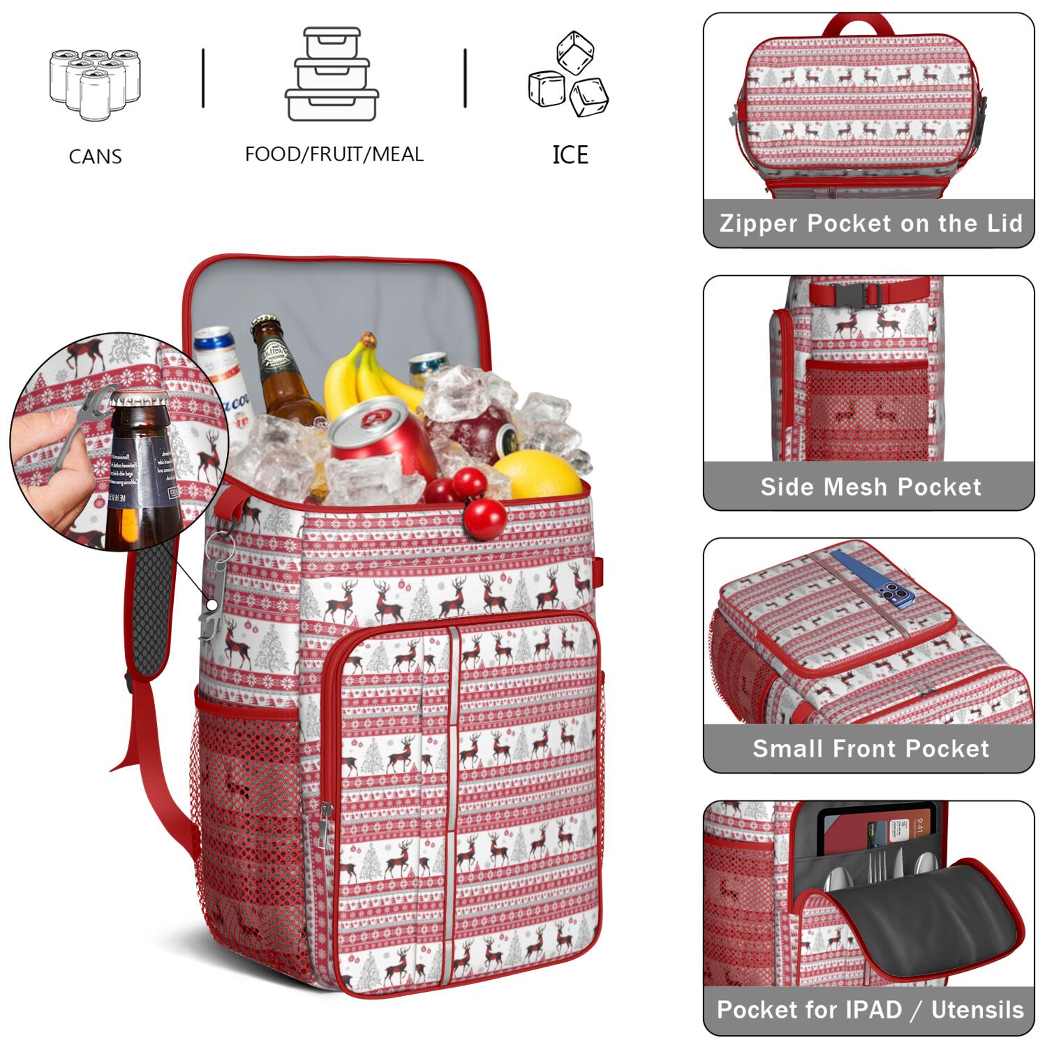 Travel Cooler Bag - Red and White Christmas Reindeer Pattern Camping Beer Cooler Backpack with Bottle Opener- Waterproof Insulated Picnic Backpacks - Cooler Bag for Beach