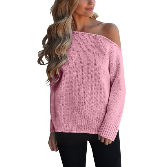 Arlun Off the Shoulder Sweaters for Women Casual Long Sleeve Fall Winter Lightweight Sweater Trendy Solid Color Soft Cozy Ribbed Knitted Oversized Pullover Loose Fit Jumper Pink XL