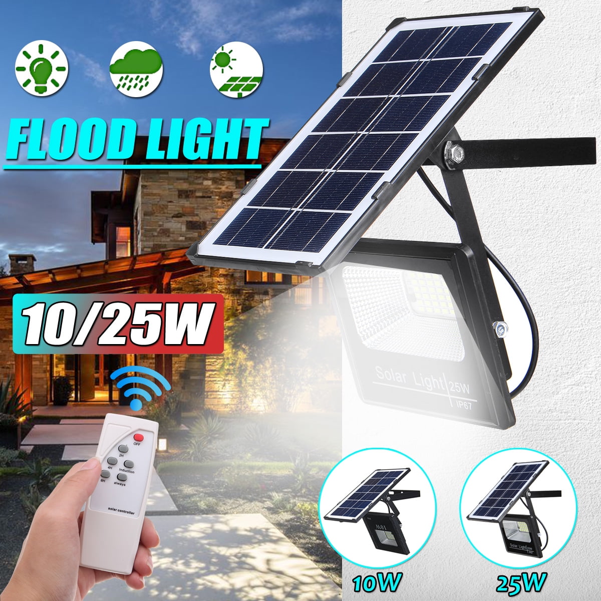 10W Outdoor Solar Power Flood Light Garden Street Wall Lamp Spotlight+Control 