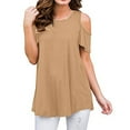 thumbnail image 3 of Scyoekwg Trendy Women’s T Shirts Casual Dressy Loose Lightweight Blouses Summer Short Sleeve Tops Solid Color Round Neck Cold Shoulder Tops Shirts Blouses Khaki XL(10), 3 of 5