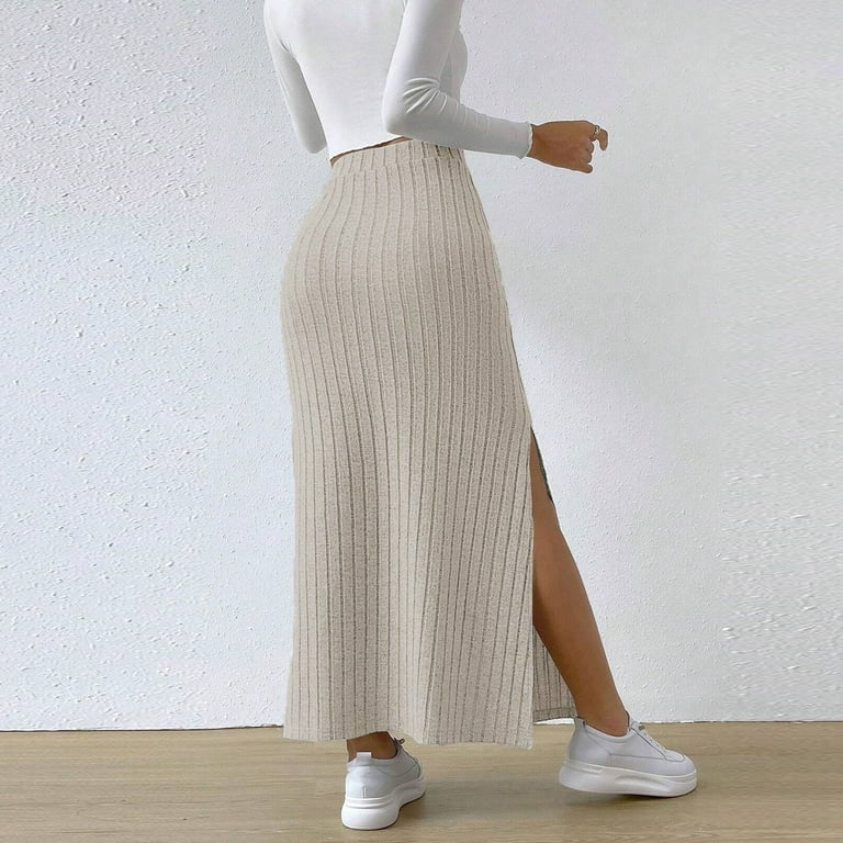 Women's High Waist Stretchy Rib Knit Split Slit Hem Midi Pencil