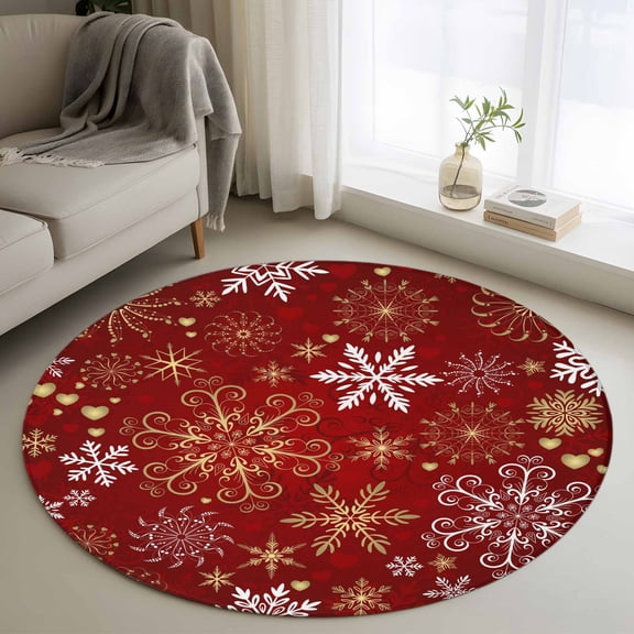 Christmas Red Round Area Rug 3 FT, Small Kitchen Bathroom Mat, Xmas Winter Snowflakes New Year Holiday Washable Indoor Outdoor Throw Runner Carpet Non-Shedding Doormat for Table Shower Sofa Entryway