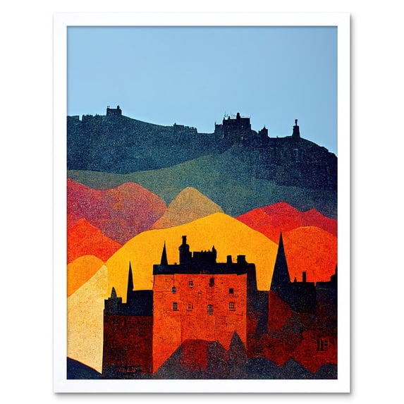 Edinburgh in Autumn Scotland Scottish Modern Folk Art Multi Coloured Cityscape Art Print Framed Poster Wall Decor 12x16 inch