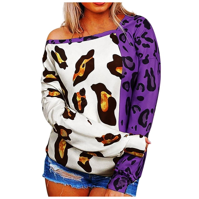 Tops sueltos informales con cuello redondo y manga larga con estampado de empalme de leopardo para mujer Pompotops gfhjh3395