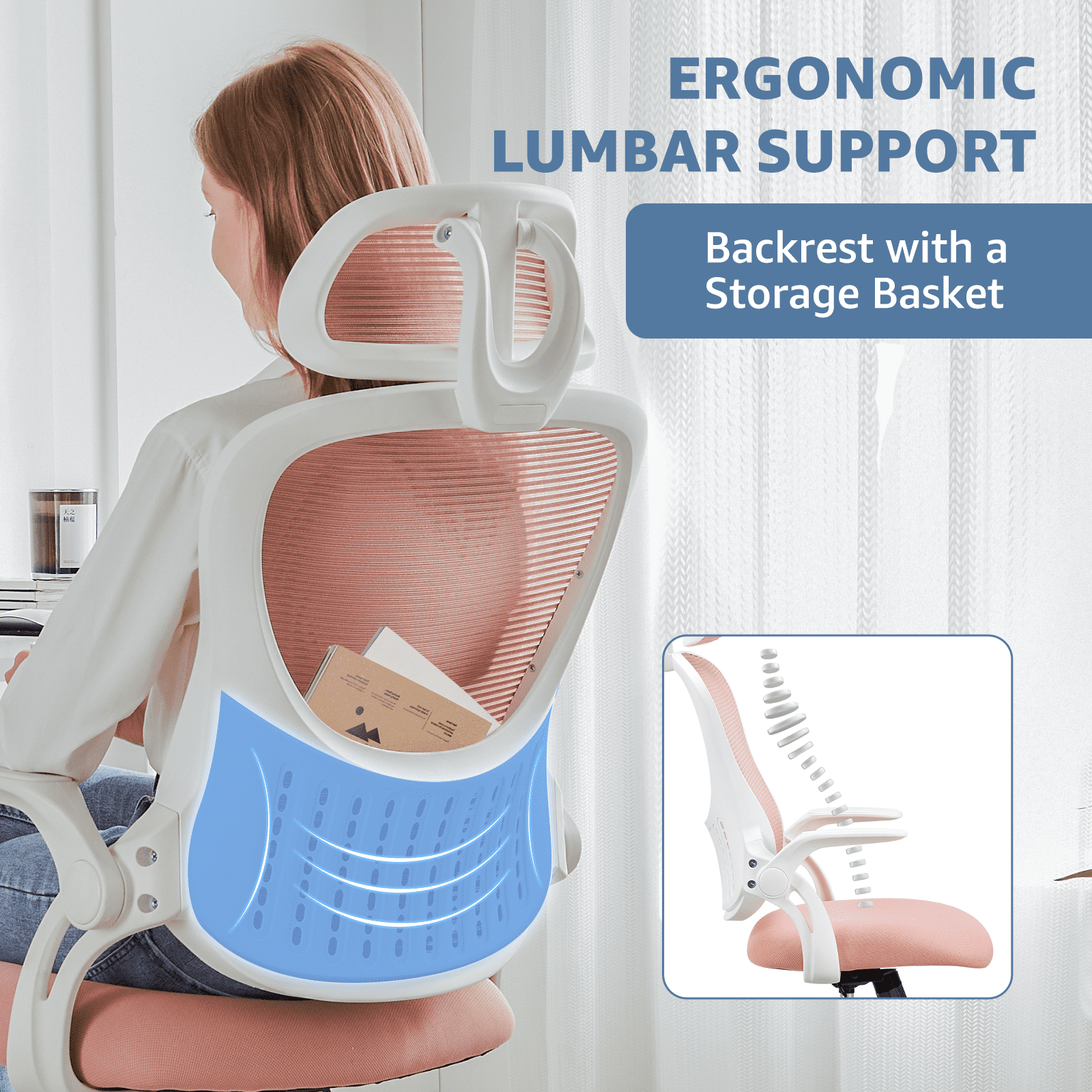 MAYEERTY Ergonomic Office Chair, Mesh High Back Adjustable Computer Desk Chair with Headrest, Flip-up Armrests and Wheels, Pink
