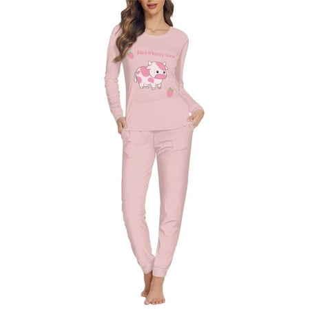 

FKELYI Strawberry Cow Pjs Size 6XL 2 PCS Durable Pajamas Top and Pants with Pockets Comfortable Long Sleeve Pajamas for Women Set