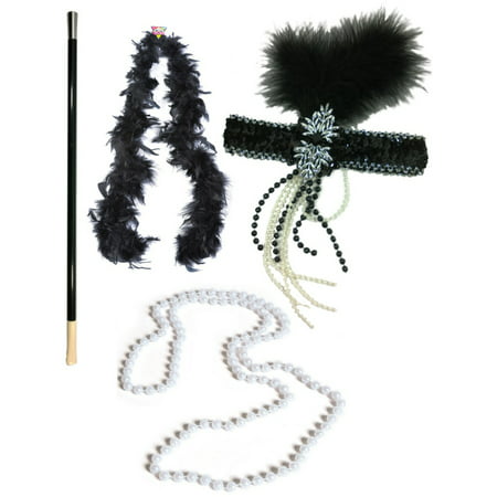 Womens Deluxe 1920s Roaring 20's Flapper Accessory Kit Costume Bundle