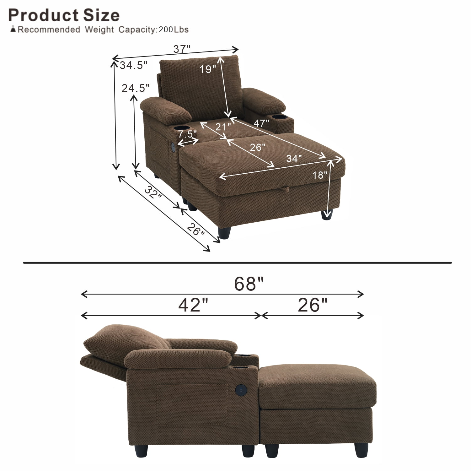 34" Accent Chair and Storage Ottoman Set, Reclining Sleeper Bed with Cupholders and USB-C Ports