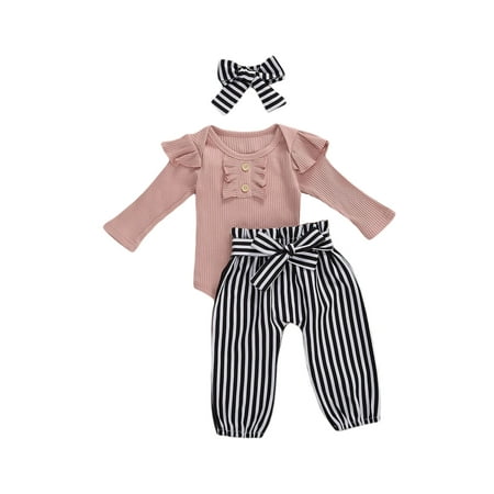 

Felcia Baby Girl Suit Pink Long Sleeve Romper Floral Print Striped Trousers 0-24M