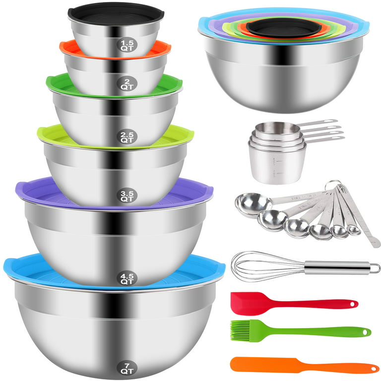 Mixing Bowls with Lids Set, 35Pcs Kitchen Utensils Stainless Steel Nesting  Bowls, Measuring Cups Spoons, 12 Reusable Silicone Stretch Lids Non-Slip