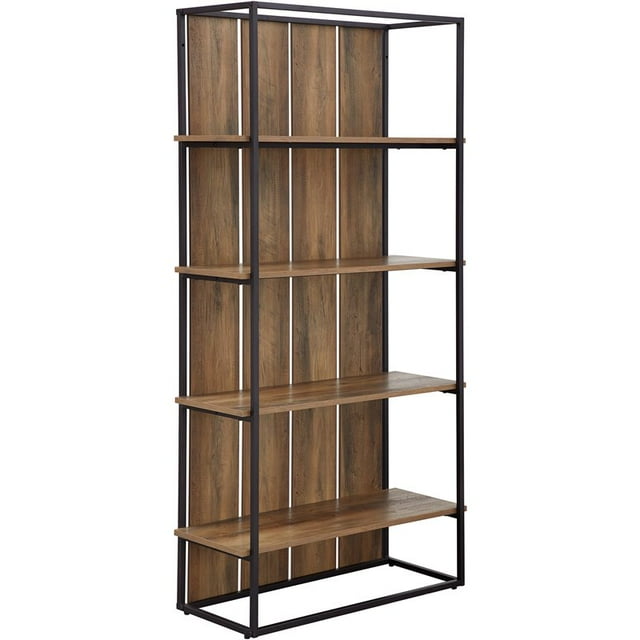 64" Farmhouse Plank Style Back Bookcase in Rustic Oak/Black