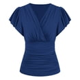 thumbnail image 1 of Blusa fruncida ajustada con cuello en V y frente cruzado Blusas de manga corta Camisas Top para mujer Lady Girl Azul S, 1 of 2