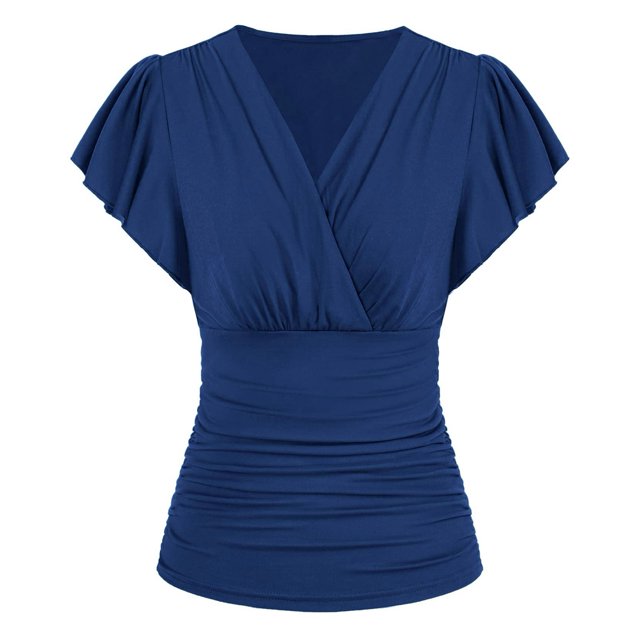 Blusa fruncida ajustada con cuello en V y frente cruzado Blusas de manga corta Camisas Top para mujer Lady Girl Azul S