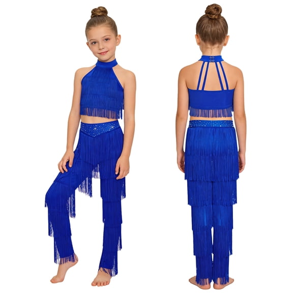 Sholeno Kids Girls Tassels Latin Dance Suits Halter Neck Sleeveless Crop Top with Pants Tiered Fringe Dancewear Royal Blue 6