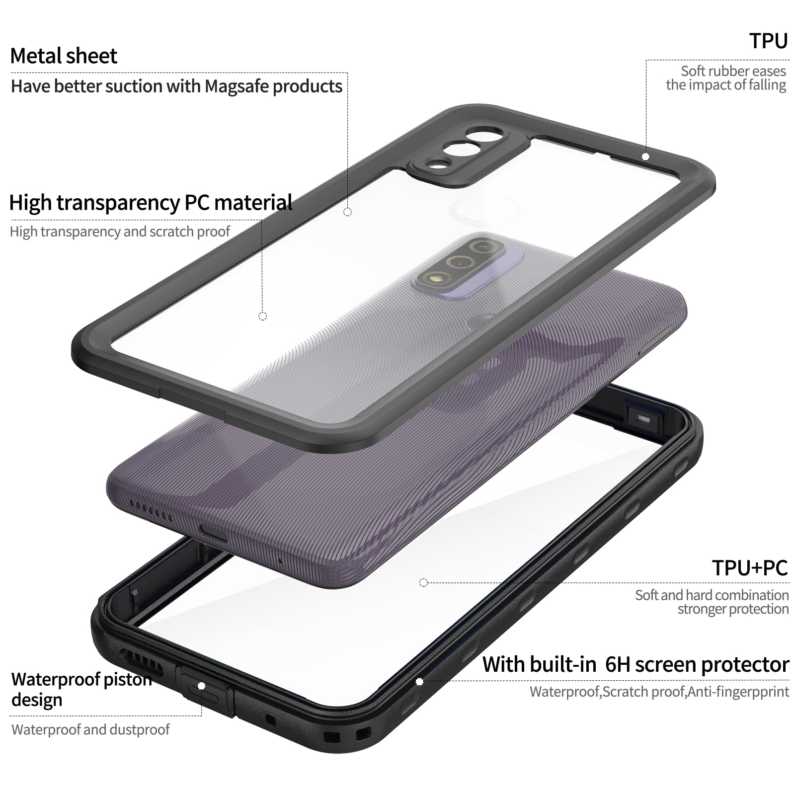 Dteck for Motorola Moto G Pure Case with Built-in Screen Protector Waterproof IP68 Underwater Full Body Protection Shockproof Phone Case with Clear Back for Moto G Pure