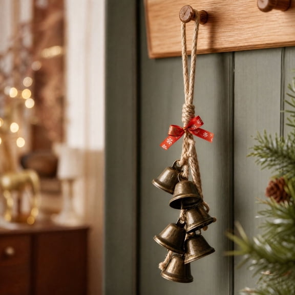 JHRGJIO Christmas Bells Hanging Decoration, Rural Jingle Garland Vintage Metal Ornament with Rope Bow, Farmhouse Holiday Accent for Tree Door Wall Display Seasonal