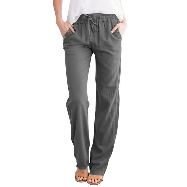 Loose Drawstring Button Casual Wide Leg Long Pants For Women Solid Color Linen Trousers. Ideal For Comfortable Everyday Wear.